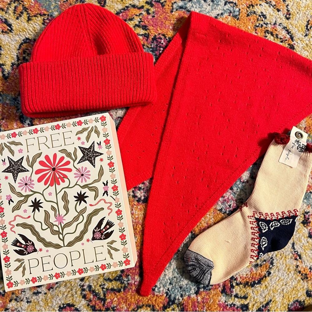 Merry Free People Bundle in Red Beanie Hat, Neckerchief Scarf & Socks Gift Box